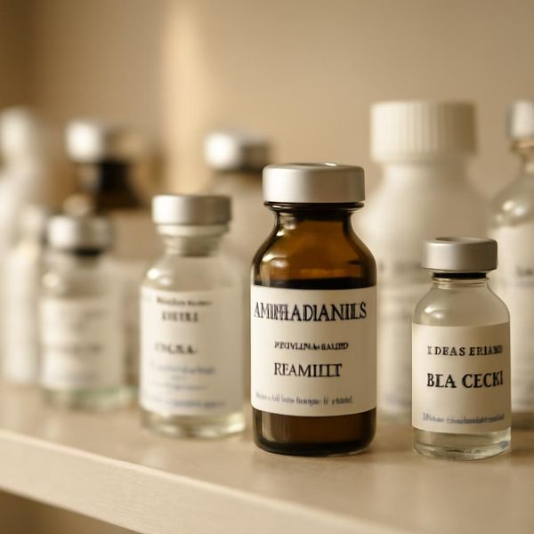 Различные препараты для мезотерапии лица на полке в косметологическом центре